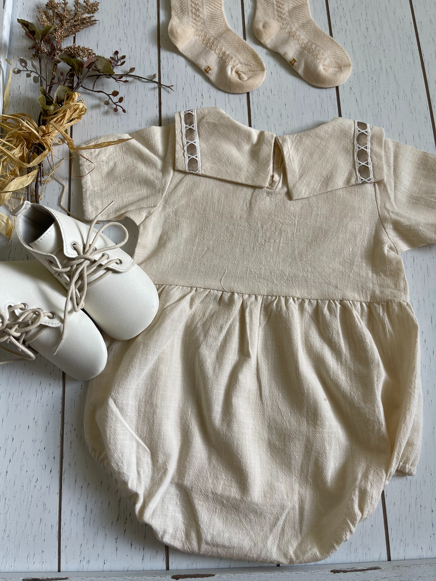 Vintage Beige Cotton Boy Romper