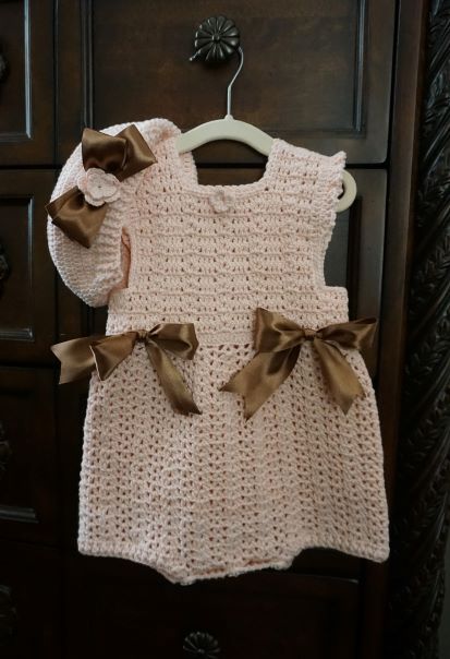 Light Peach, Crochet Girl Romper & Beret, outfit set