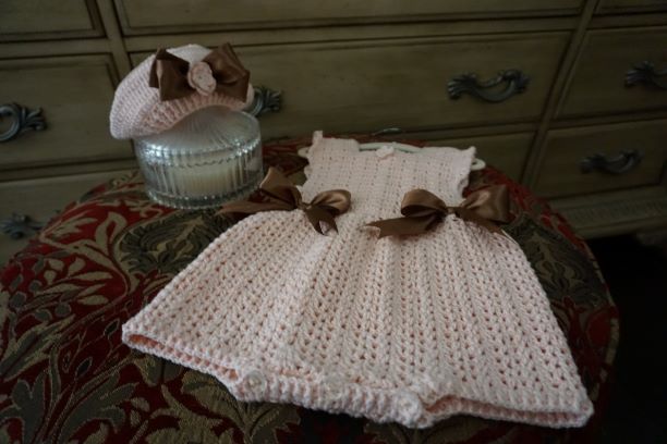 Light Peach, Crochet Girl Romper & Beret, outfit set