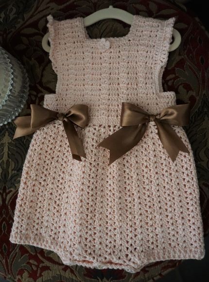 Light Peach, Crochet Girl Romper & Beret, outfit set