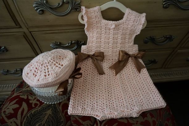 Light Peach, Crochet Girl Romper & Beret, outfit set