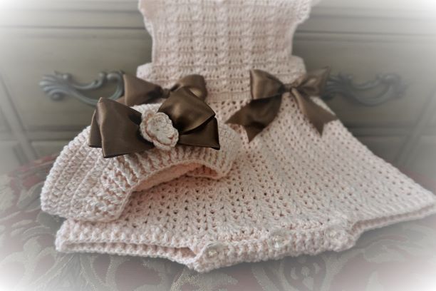 Light Peach, Crochet Girl Romper & Beret, outfit set