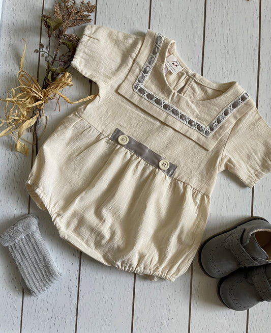 Vintage Beige Cotton Boy Romper