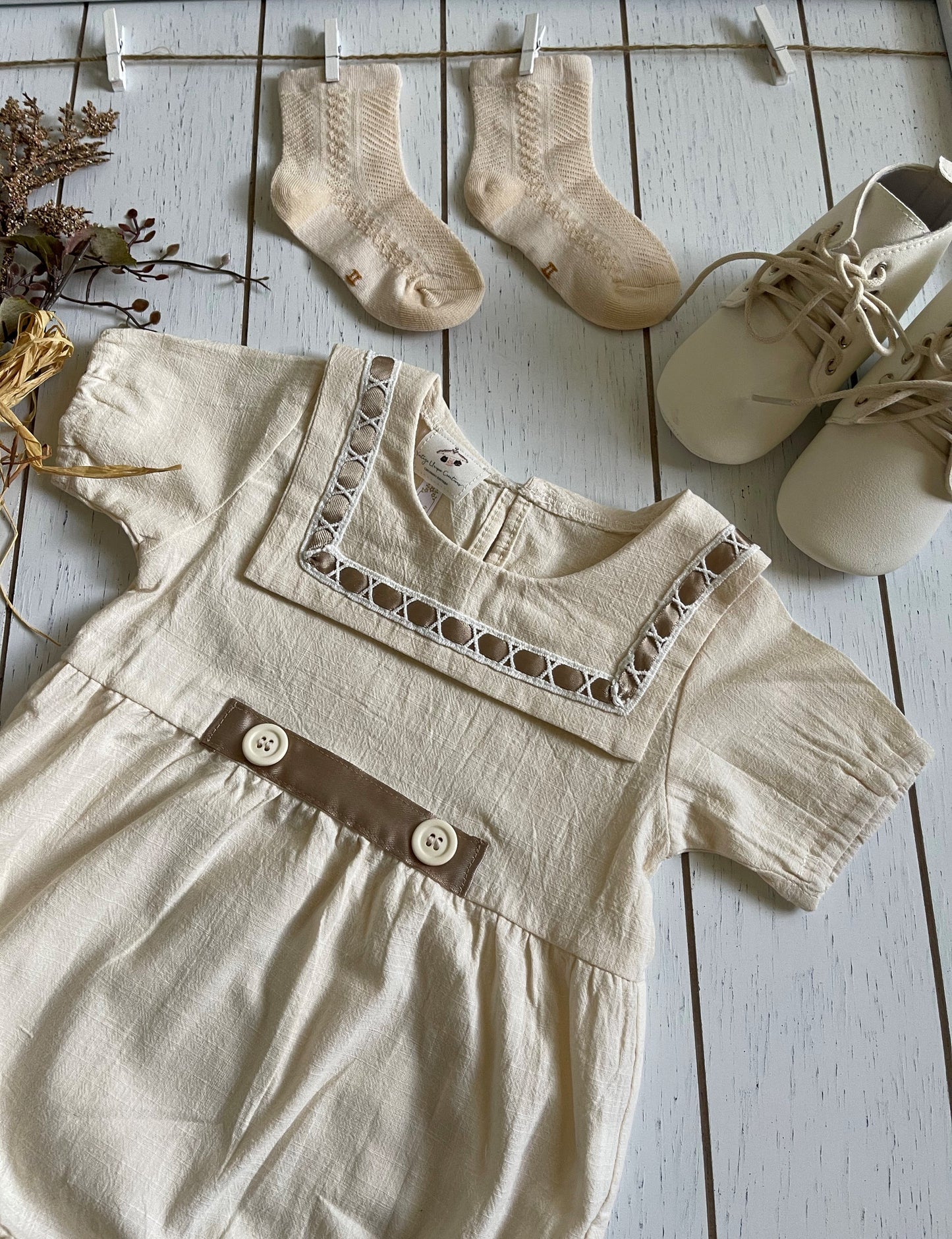 Vintage Beige Cotton Boy Romper