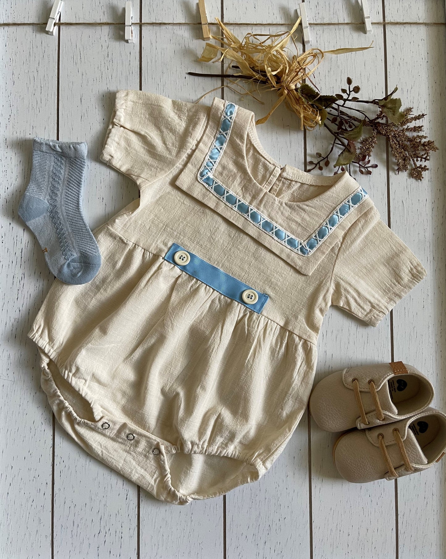 Vintage Beige Cotton Boy Romper