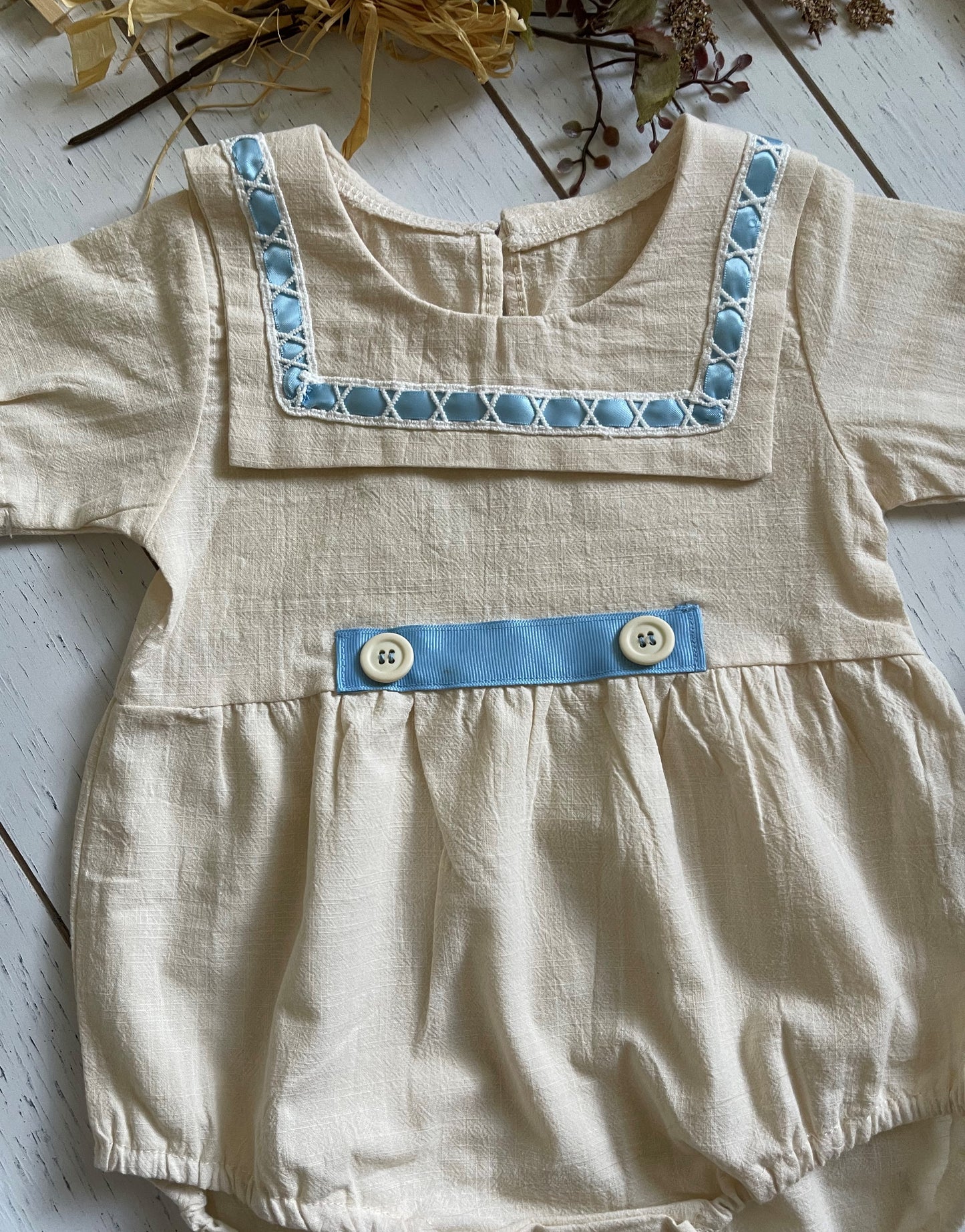 Vintage Beige Cotton Boy Romper