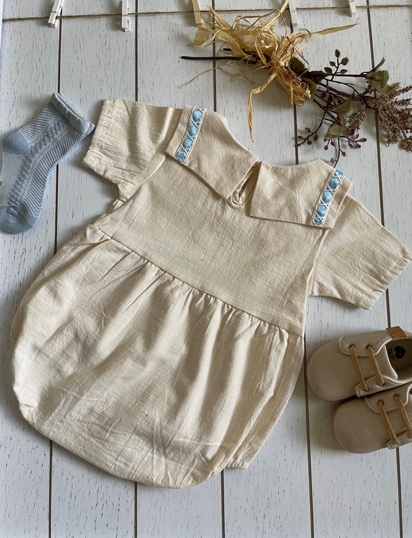 Vintage Beige Cotton Boy Romper