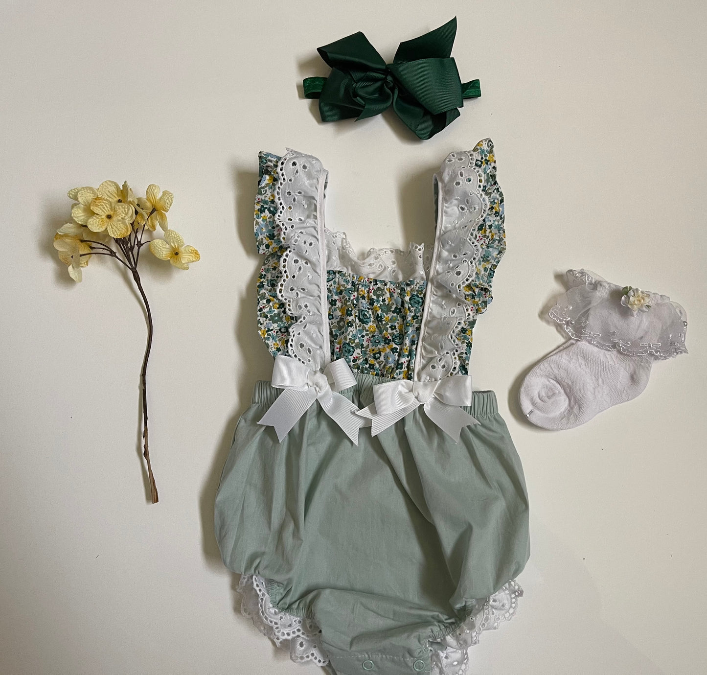 Vintage Green or Beige Girl Overalls, with ruffles and bows