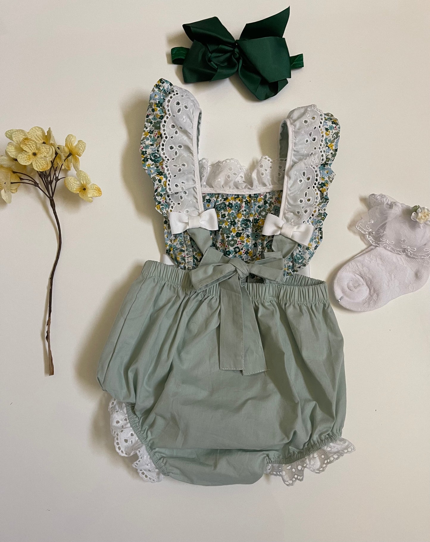 Vintage Green or Beige Girl Overalls, with ruffles and bows