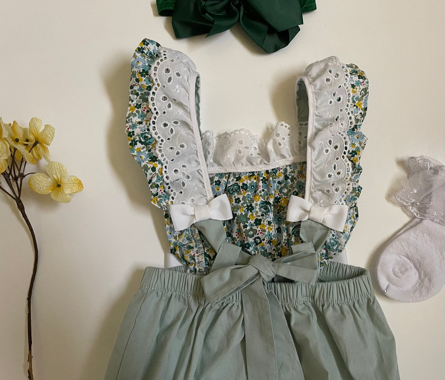 Vintage Green or Beige Girl Overalls, with ruffles and bows