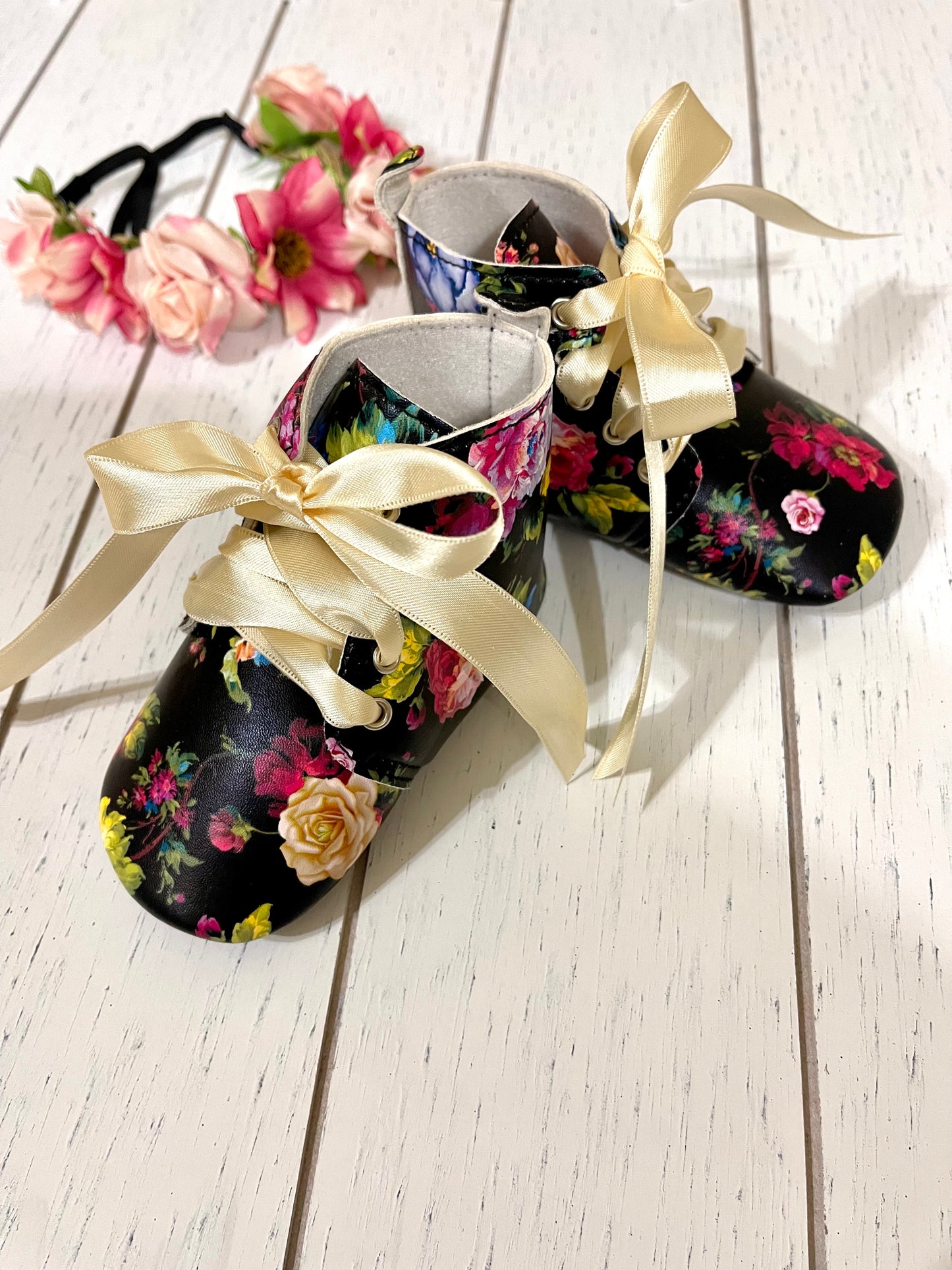 Vintage Floral PU leather high top,  girl shoes