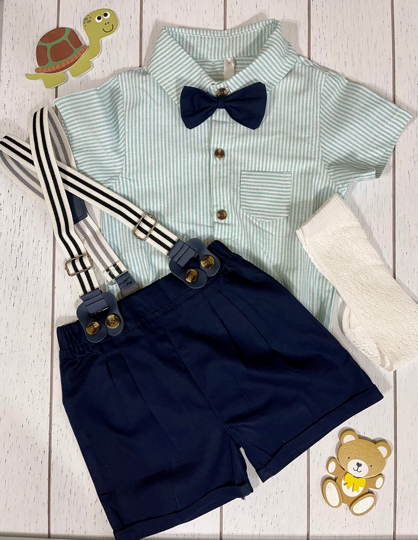 Navy Shorts, Bowtie & Mint striped Shirt Boy Outfit Set