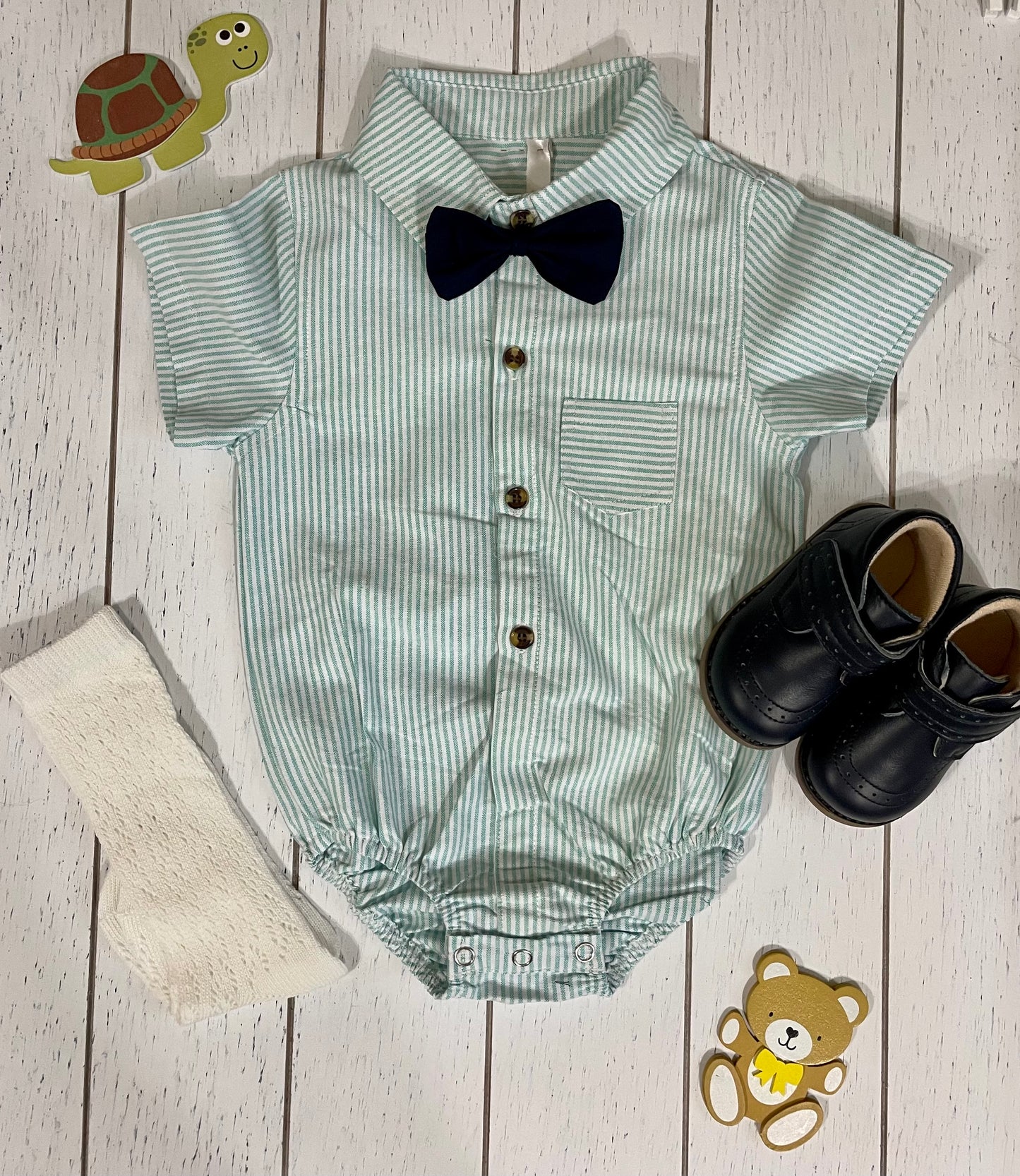 Navy Shorts, Bowtie & Mint striped Shirt Boy Outfit Set