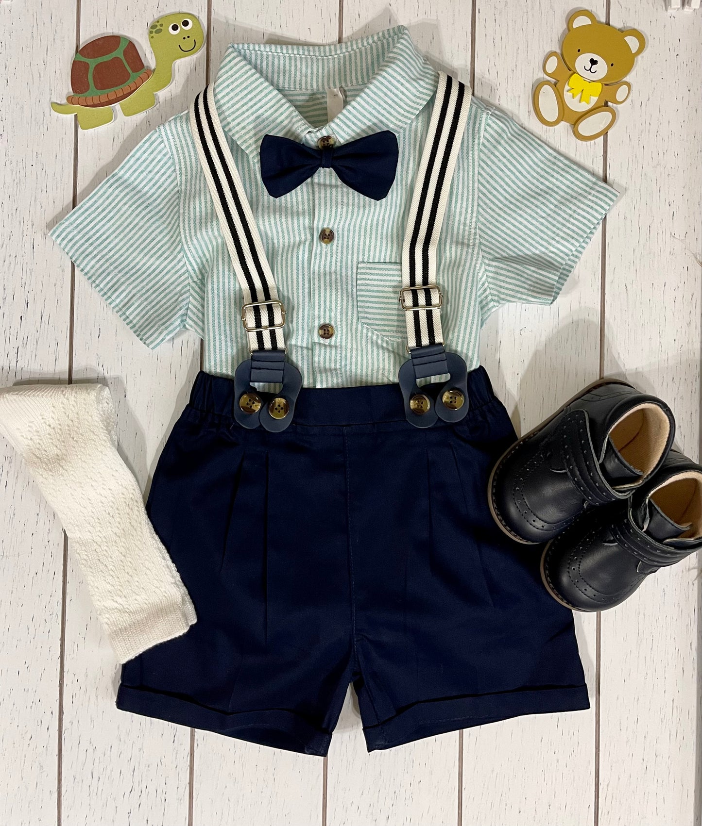 Navy Shorts, Bowtie & Mint striped Shirt Boy Outfit Set