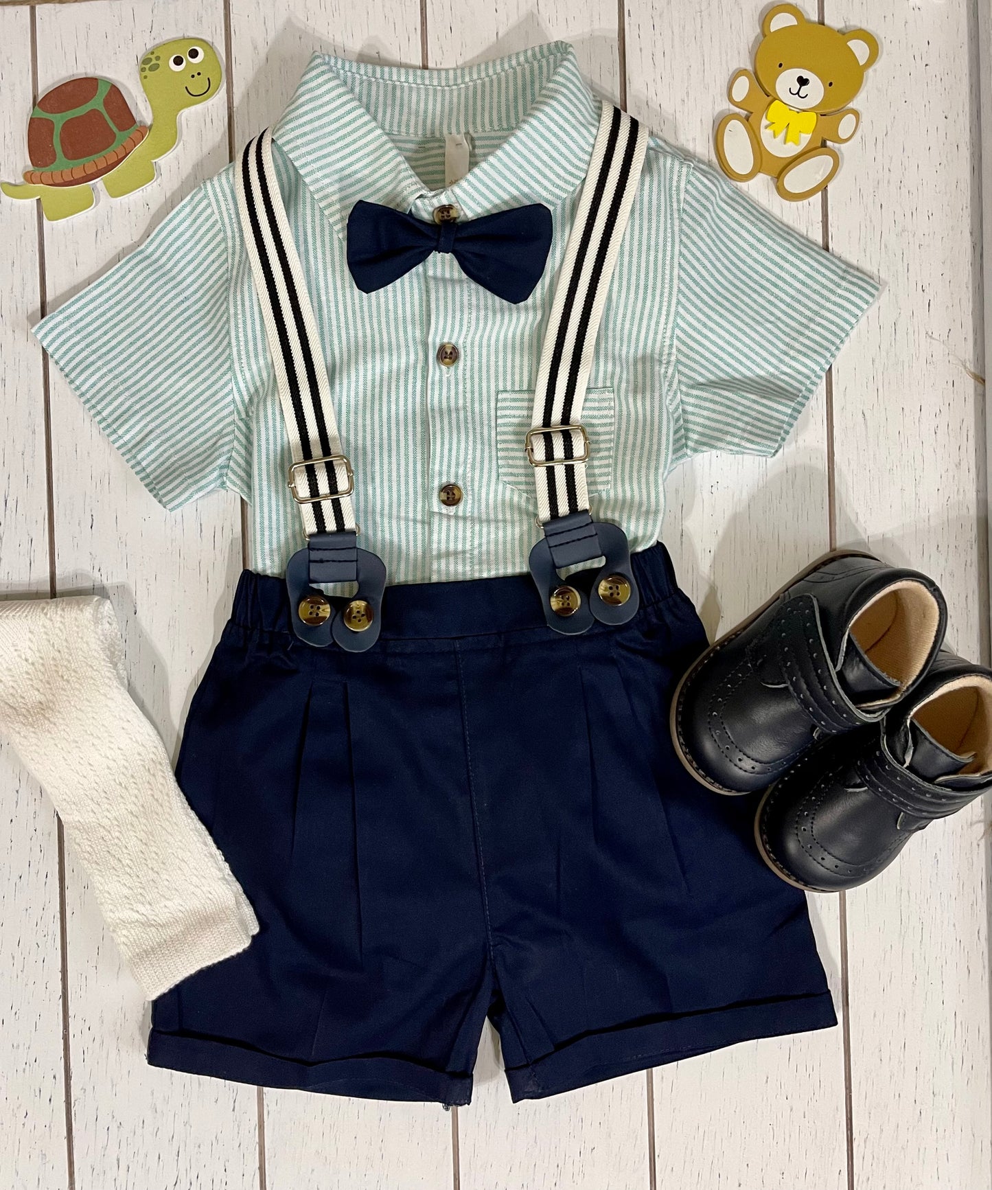 Navy Shorts, Bowtie & Mint striped Shirt Boy Outfit Set