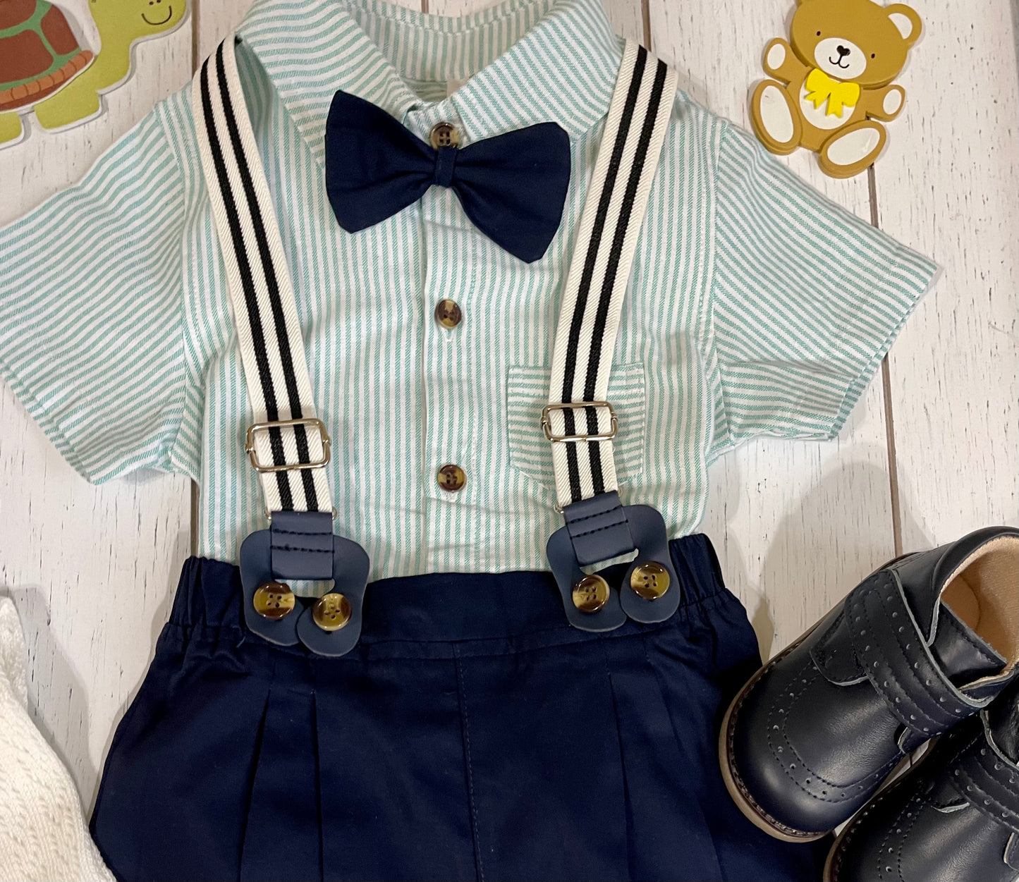 Navy Shorts, Bowtie & Mint striped Shirt Boy Outfit Set