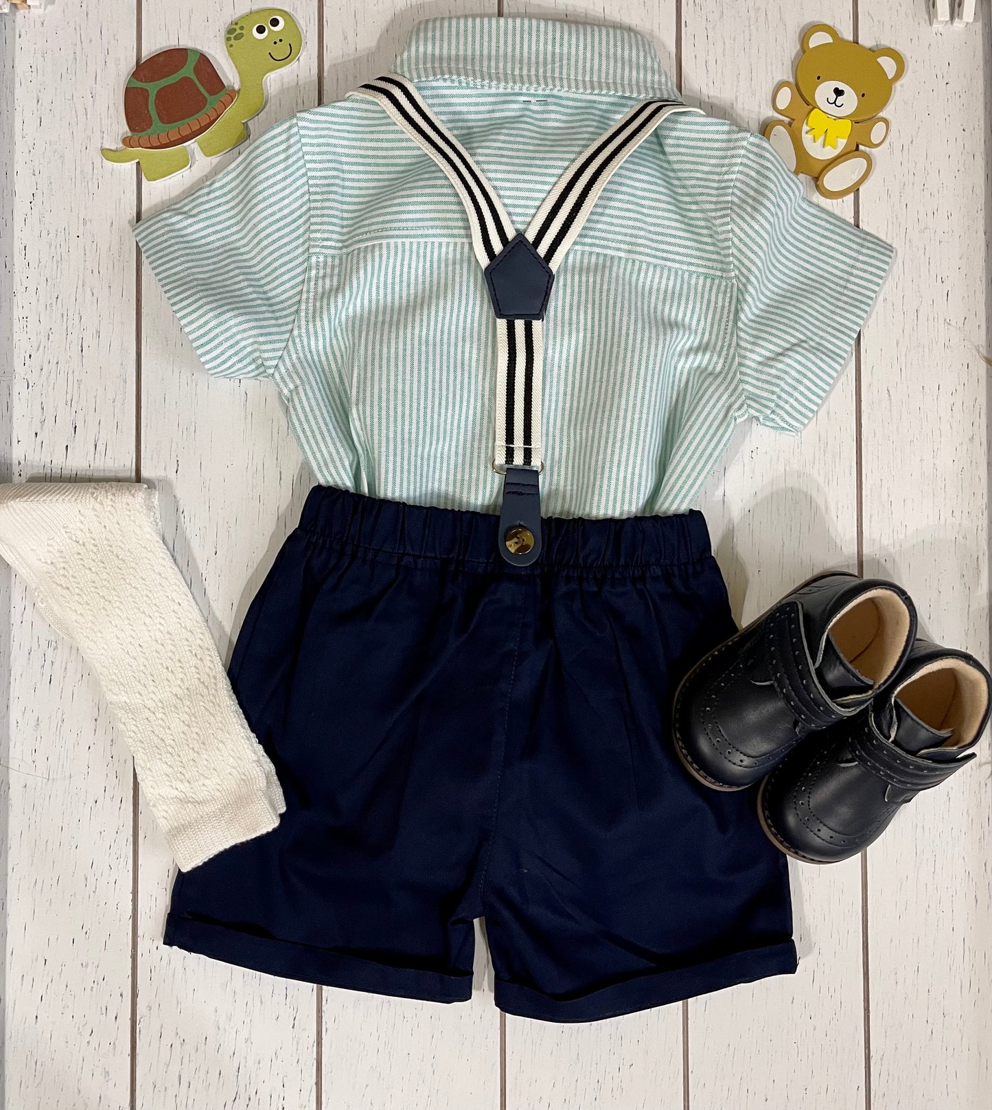 Navy Shorts, Bowtie & Mint striped Shirt Boy Outfit Set