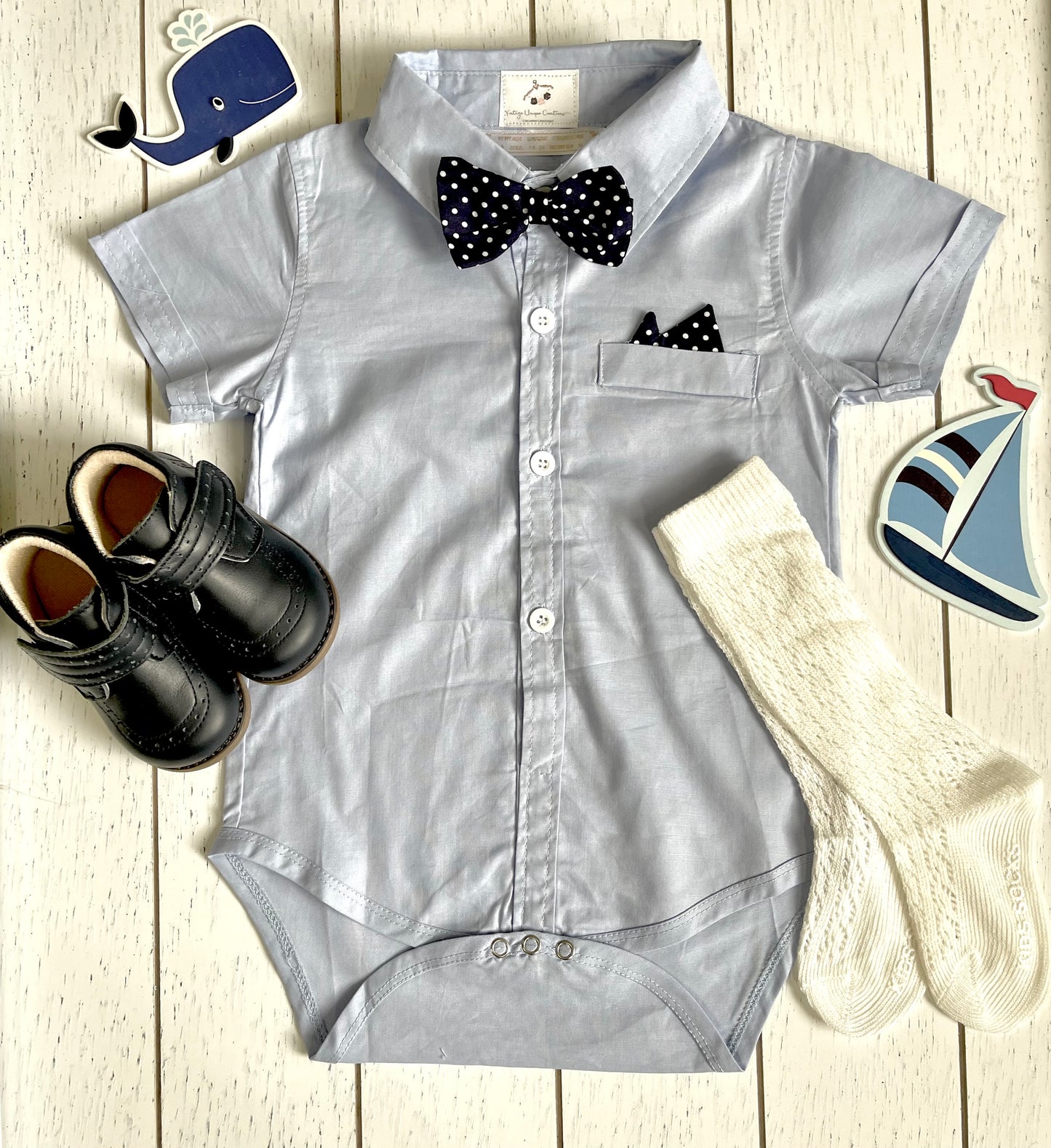 Boy Outfit Set, White Shorts, Suspenders, Blue Shirt  & Bowtie