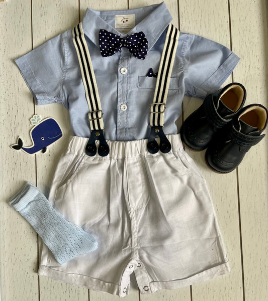 Boy Outfit Set, White Shorts, Suspenders, Blue Shirt  & Bowtie