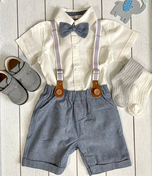 Gentlemen Gray Short With Bowtie and White Shirt Boy Outfit Set