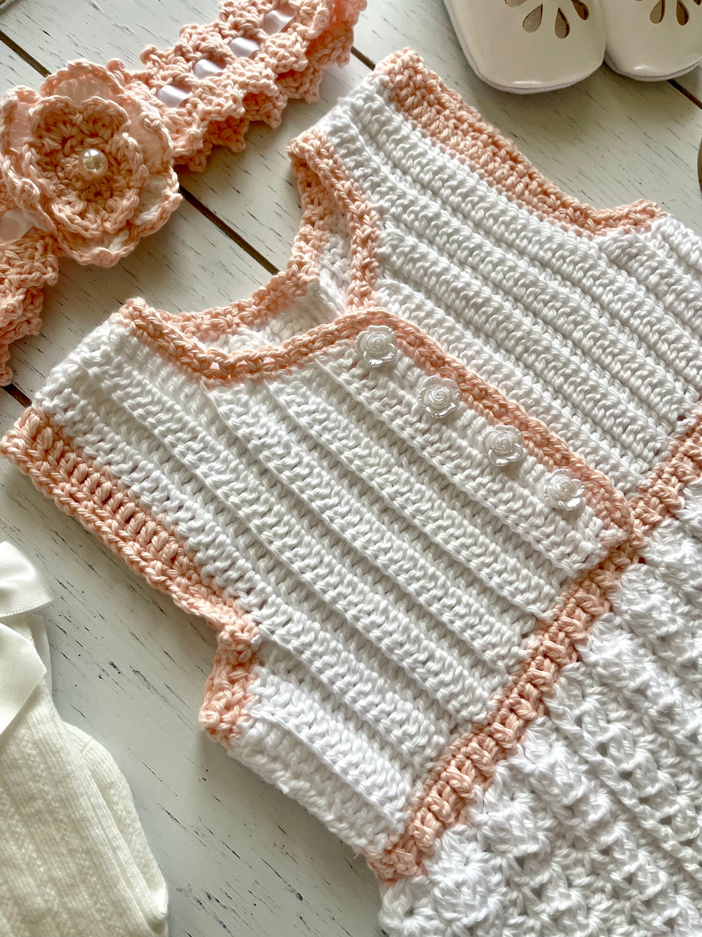 Sleeveless White & Peach Crochet Girl Romper