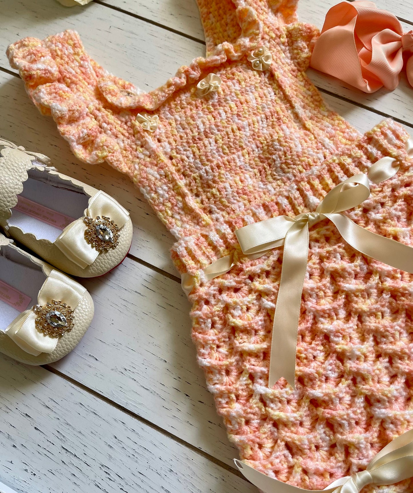 Peach & Cream with ribbons Crochet Girl Overalls