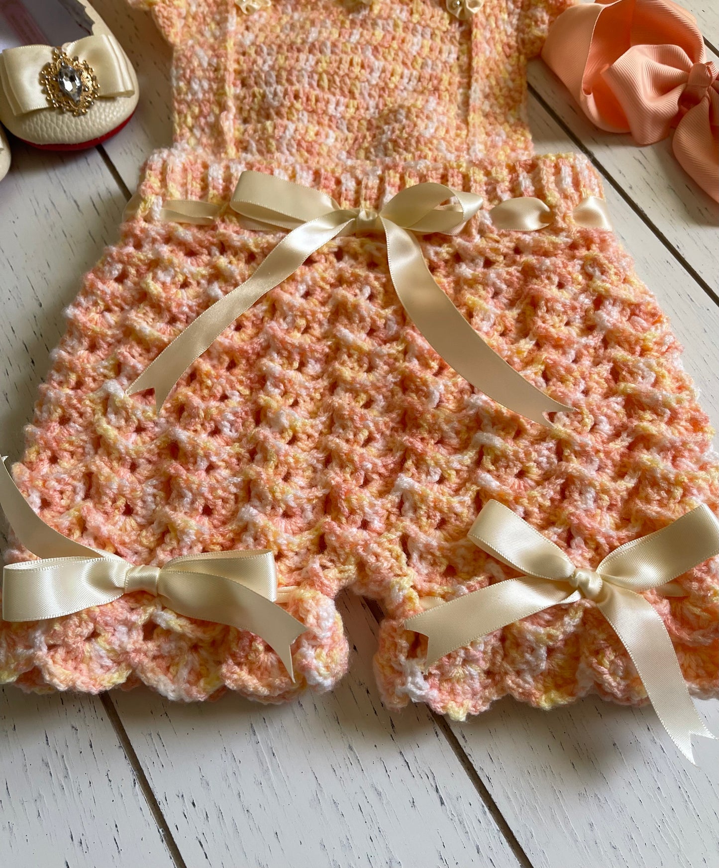 Peach & Cream with ribbons Crochet Girl Overalls