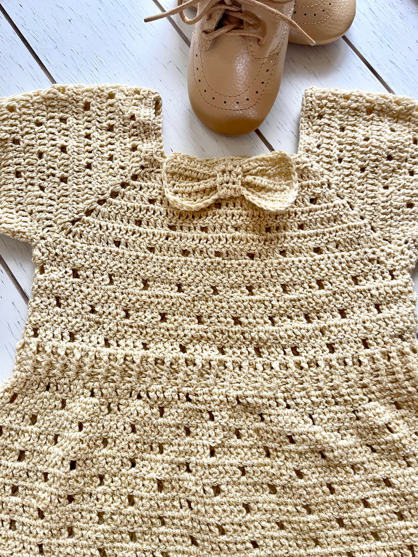 Tan Crochet Short Sleeves Boy Romper with Bowtie