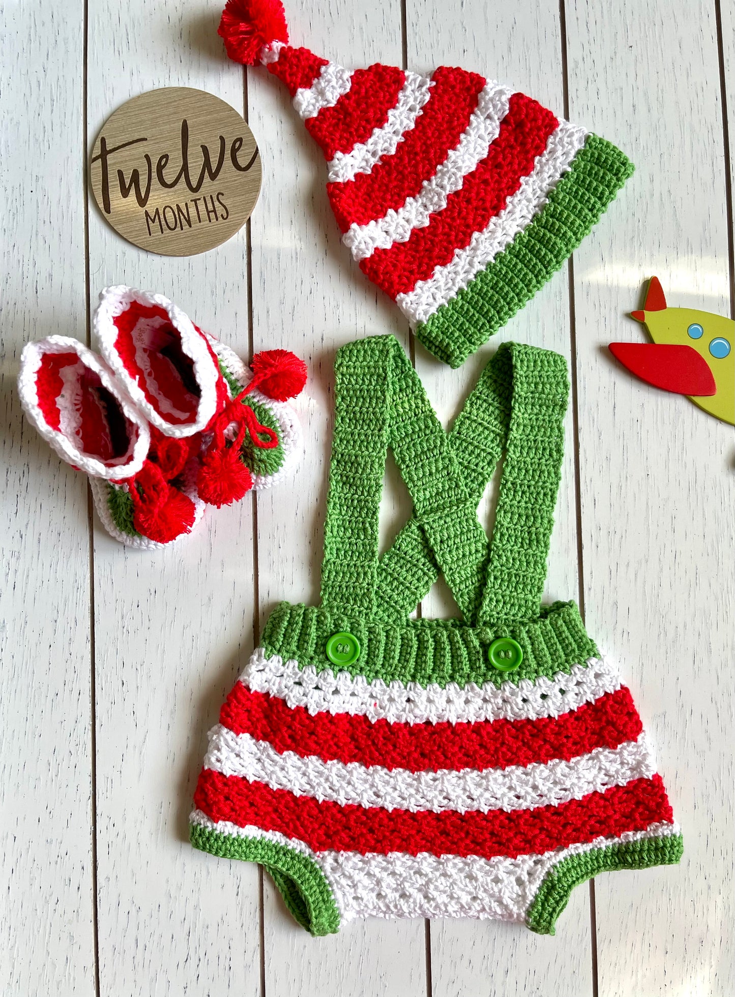 Holiday Green Red & White Boy or Girl Overalls Outfit Set