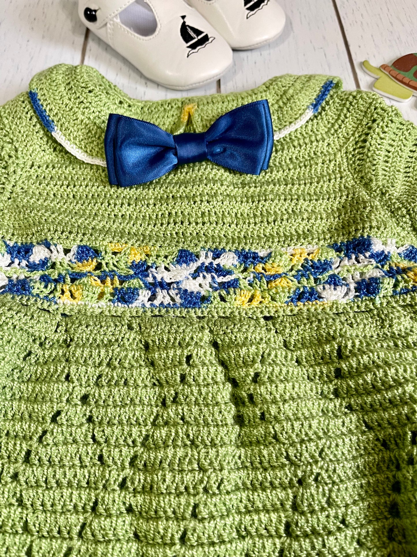 Short Sleeve, Pear Green Crochet  Peter Pan Collar Boy Romper