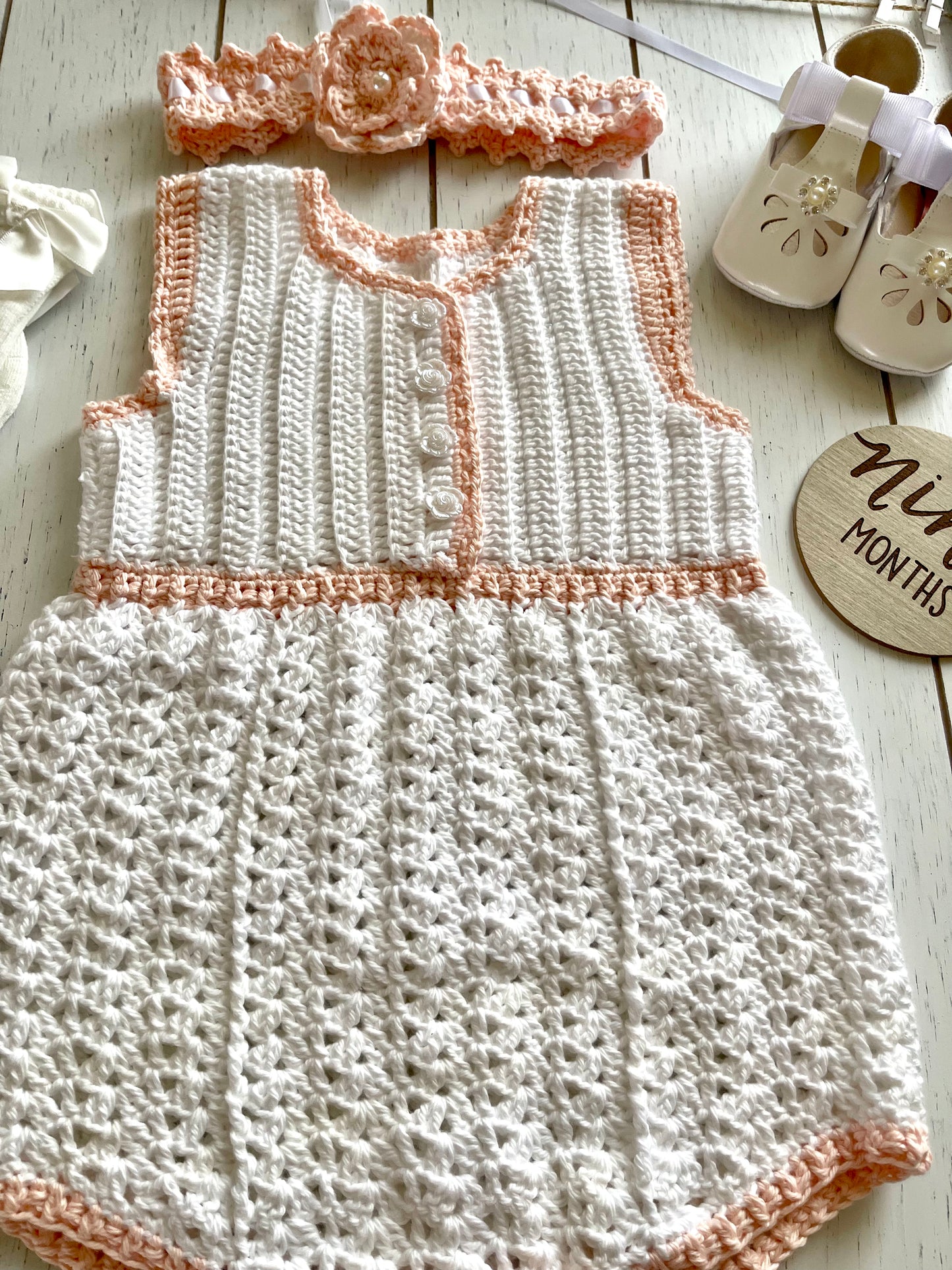 Sleeveless White & Peach Crochet Girl Romper