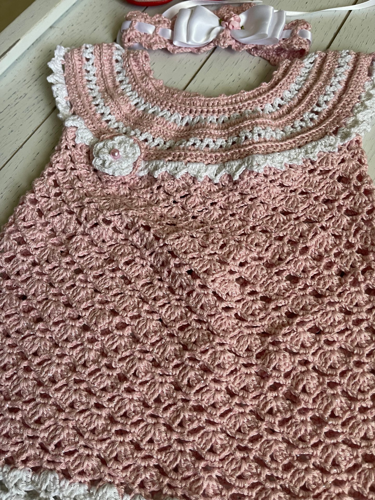 Pink and White Crochet Girl Dress