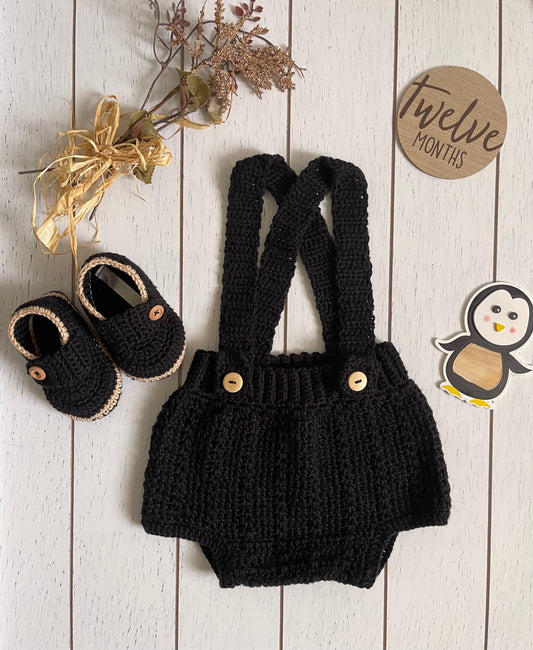 Black & Kaki Crochet Boy Overalls Outfit Set