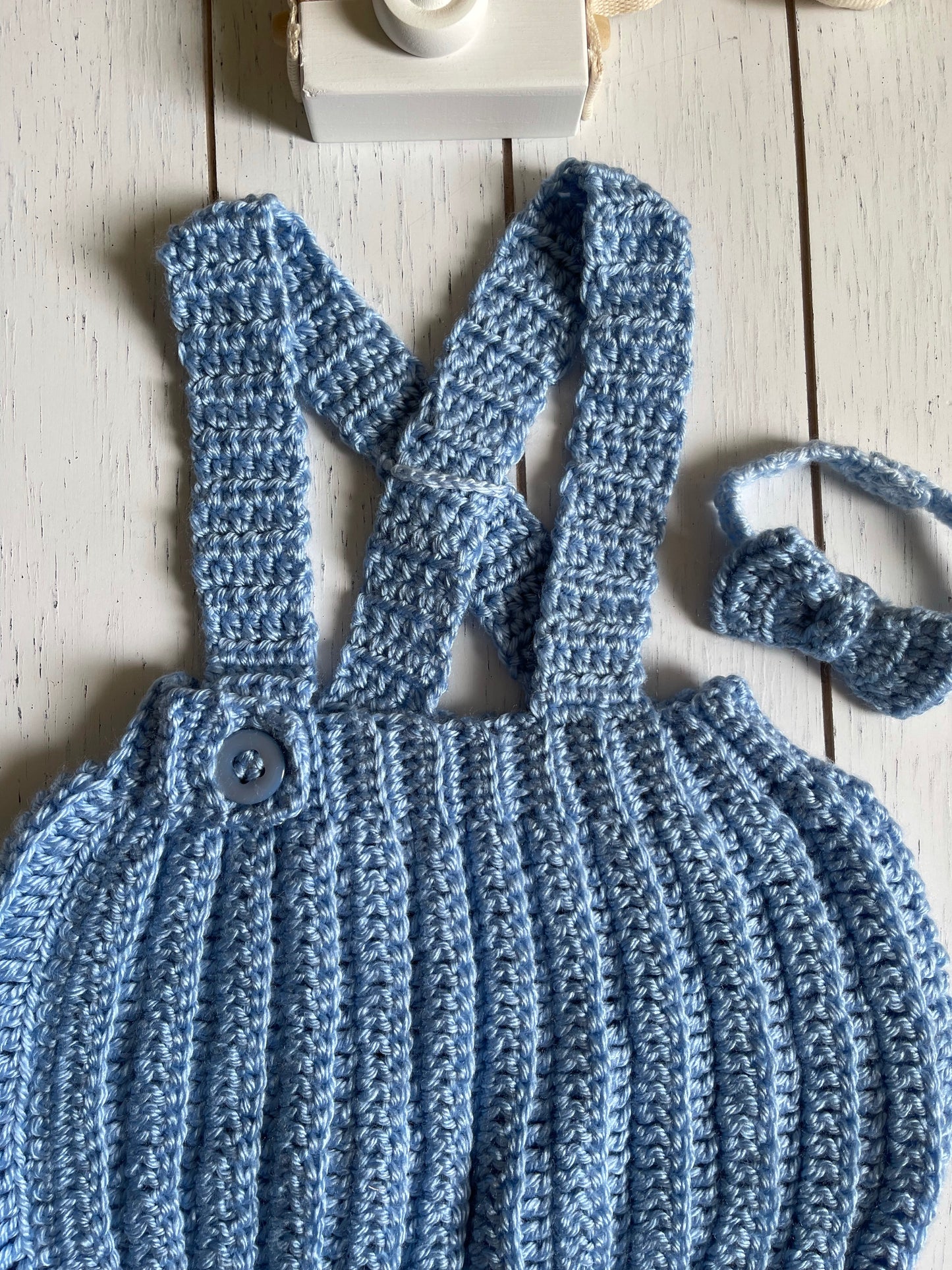 Blue Crochet Boy Overalls & Bowtie Set