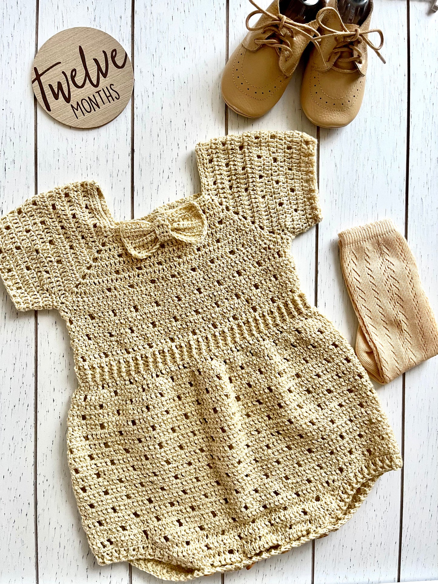 Tan Crochet Short Sleeves Boy Romper with Bowtie