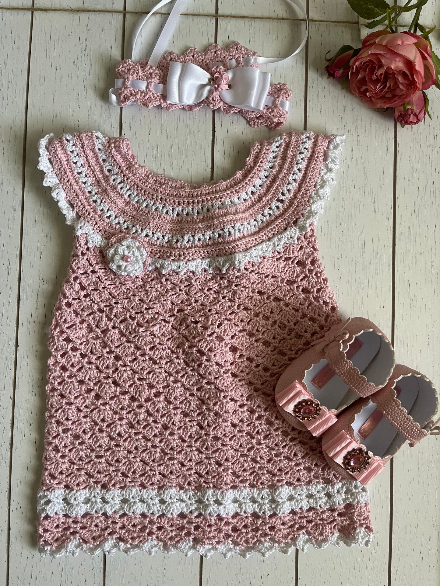 Pink and White Crochet Girl Dress