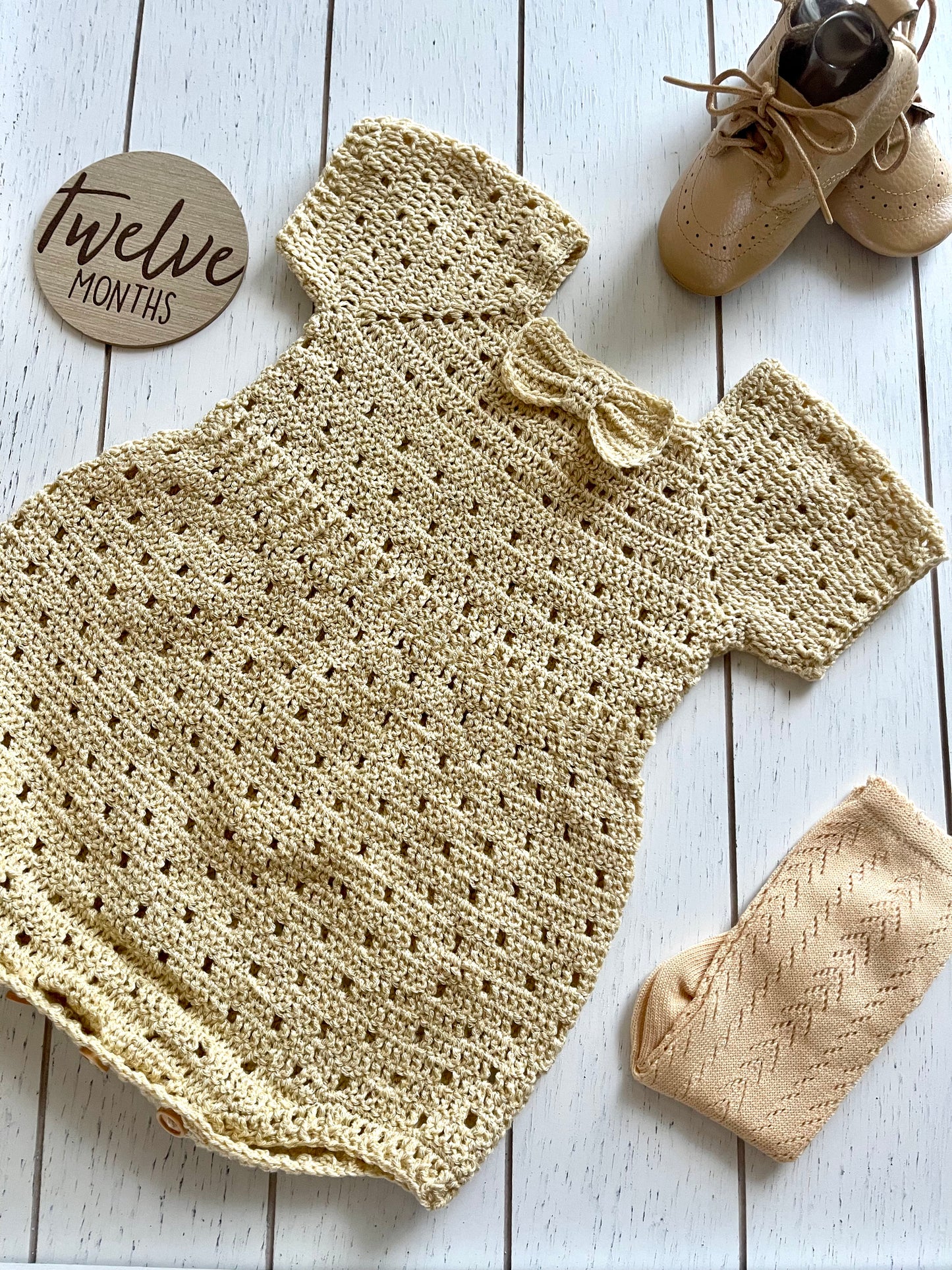 Tan Crochet Short Sleeves Boy Romper with Bowtie