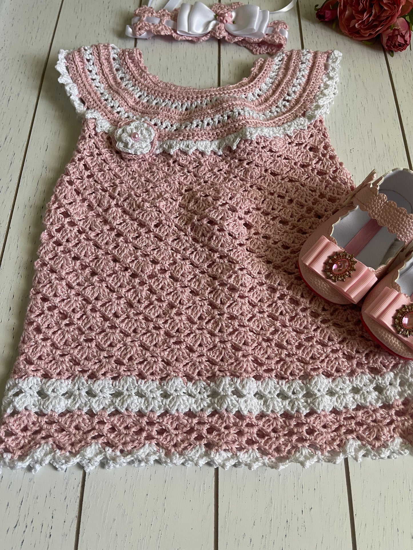 Pink and White Crochet Girl Dress