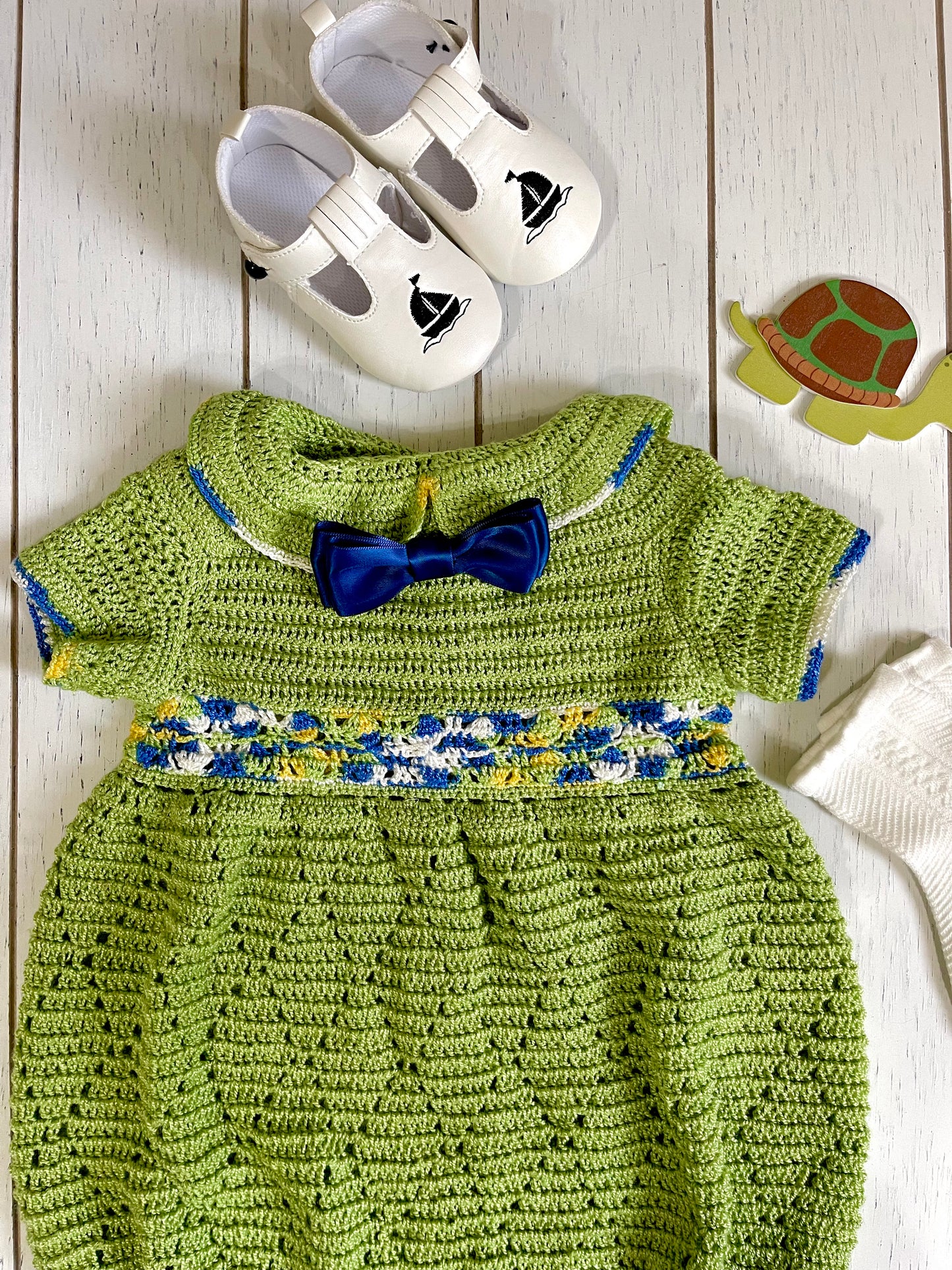 Short Sleeve, Pear Green Crochet  Peter Pan Collar Boy Romper