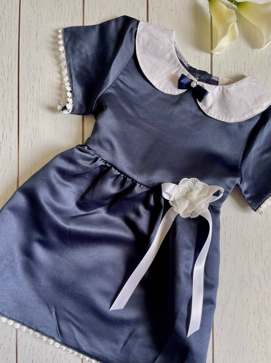 Satin Navy & White Collar Girl Dress