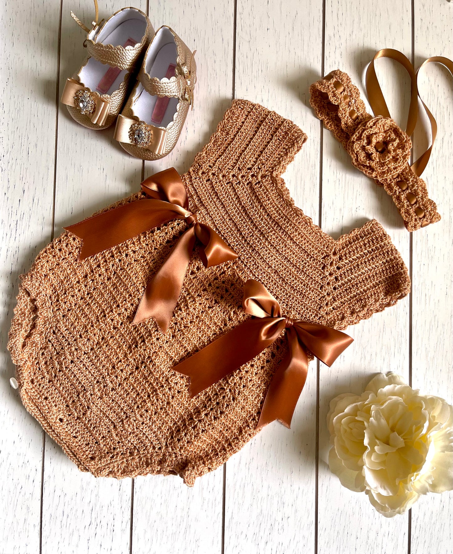 Vintage Rosegold Crochet Girl Romper