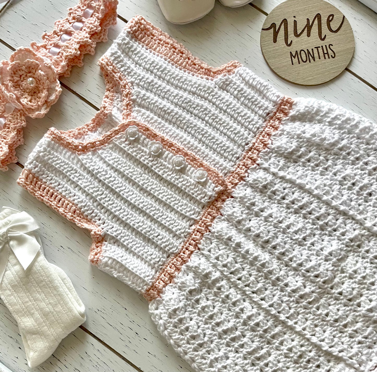 Sleeveless White & Peach Crochet Girl Romper