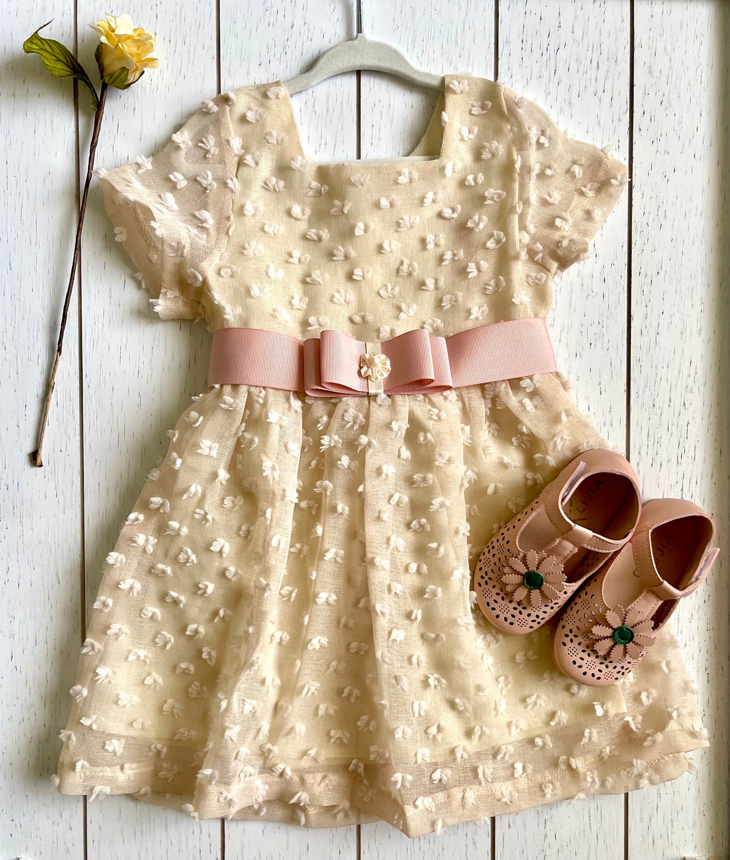 Beige Patch Bow Work Girl Dress