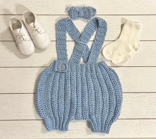 Blue Crochet Boy Overalls & Bowtie Set