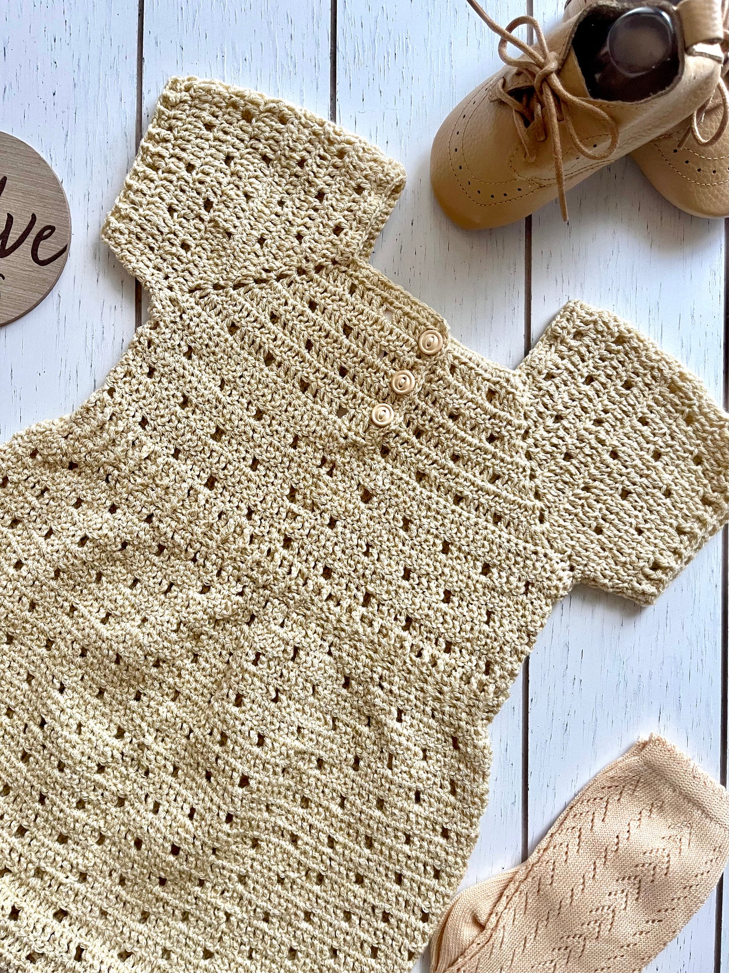 Tan Crochet Short Sleeves Boy Romper with Bowtie