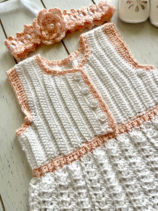 Sleeveless White & Peach Crochet Girl Romper