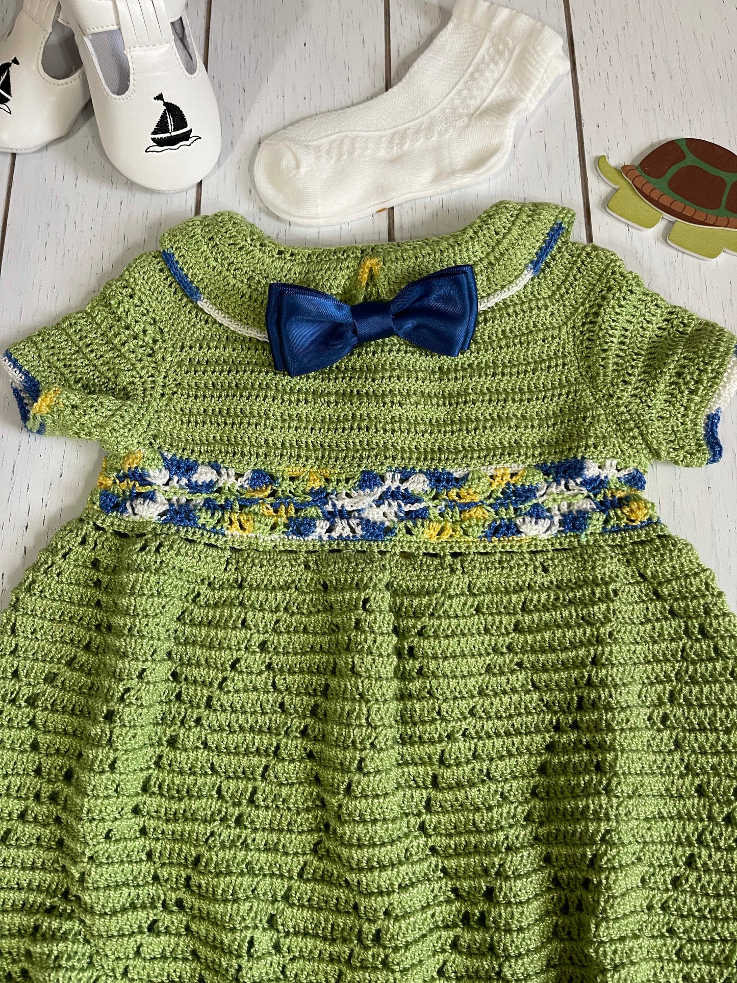 Short Sleeve, Pear Green Crochet  Peter Pan Collar Boy Romper