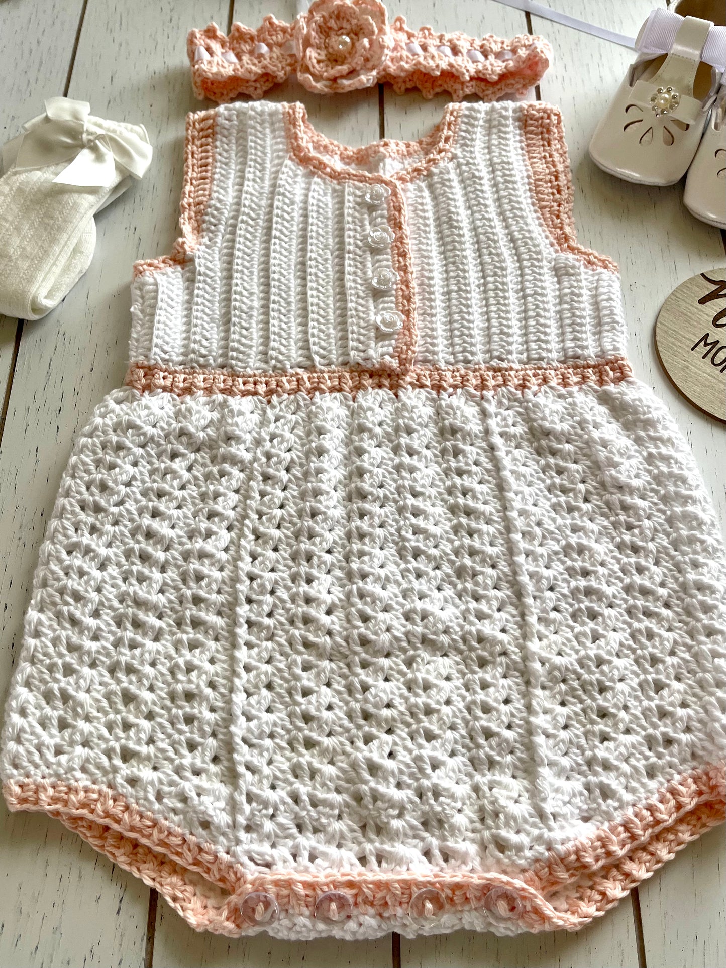 Sleeveless White & Peach Crochet Girl Romper