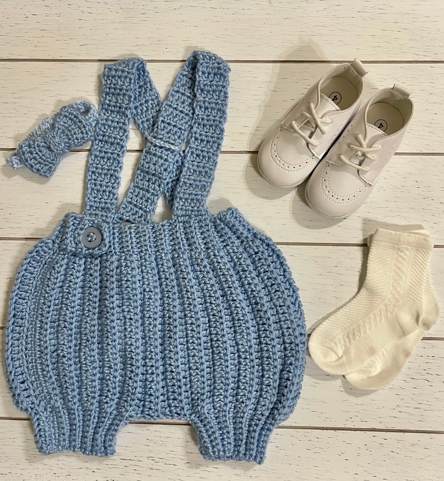 Blue Crochet Boy Overalls & Bowtie Set