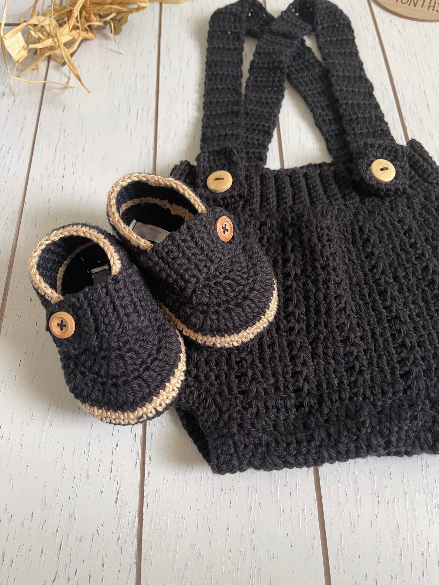 Black & Kaki Crochet Boy Overalls Outfit Set